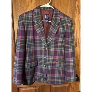 VTG GAP Women's Plaid Blazer Wool Blend Pink Teal Yellow Button Front Size M